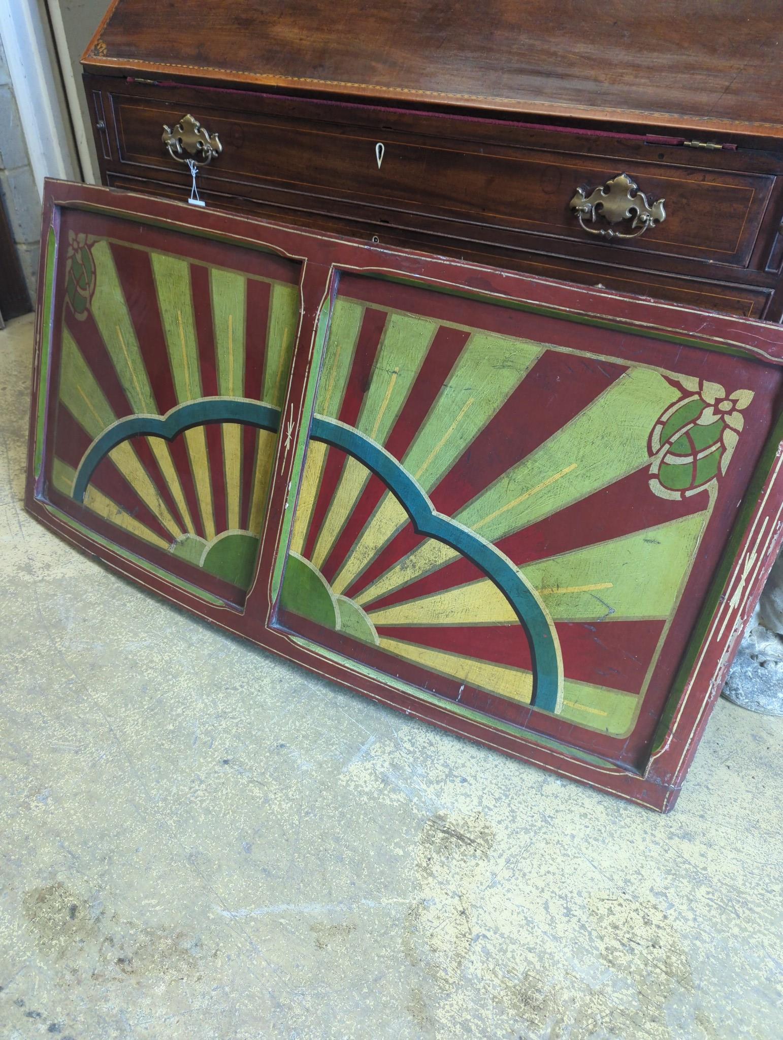 An early 20th century painted wood fairground panel, width 146cm, height 71cm